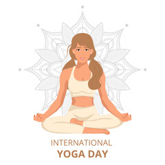 Flat international yoga day  concept illustration. Girl in the lotus position banner on mandala background.