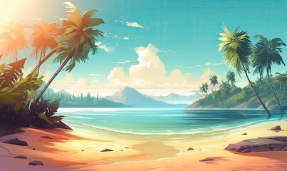 A beach with palm trees and mountains in the background, generative AI - obrazy, fototapety, plakaty