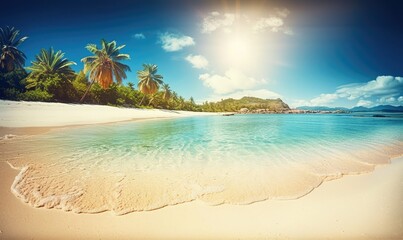 Obraz na płótnie Canvas Beach scene with a palm tree and the sun, generative AI