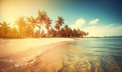 Obraz na płótnie Canvas A beach with palm trees and the sun shining on the horizon, generative AI