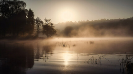 Fototapeta na wymiar A misty lakeside during sunrise, as the golden light reflects on the calm water.