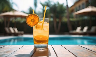 Tropical sparkling cocktail by the pool, fruit cocktail with orange lemonade by the pool, generative AI