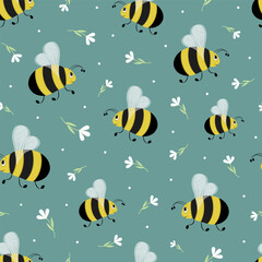 Cute cartoon flying bumblebees and white flowers seamless pattern. Flat vector illustration. Summer nature