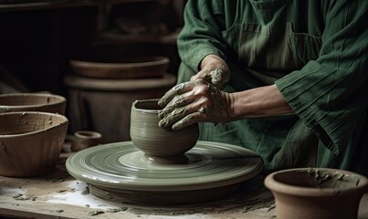 A potter works behind a potter's wheel, making a bowl of clay, generative AI