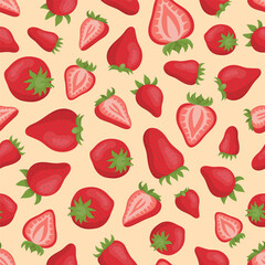 Sweet colorful strawberries seamless pattern. Summer juicy berry vector illustration. Cartoon, flat style.