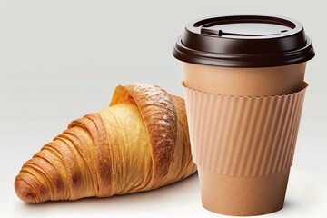 Coffee in a single cup and a croissant on a white background.