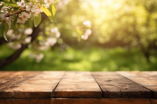 empty wooden table with bokeh background in spring in the garden  Generative AI