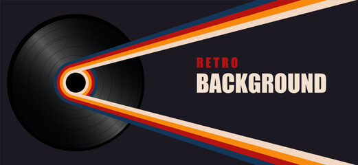 Retro horizontal background with color lines and vinyl music record. Abstract background in trendy 1970s style. Vector illustration