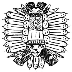Indigenous Native American design from ancient Peru. Nazca pottery. Indian ornament. Geometrical pattern with human face and feet. Hand drawn linear doodle rough sketch. Black silhouette on white back