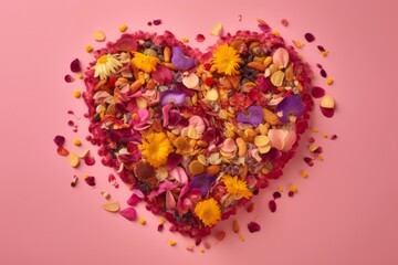 A heart wrapped in colorful flower and petals on pink background, Generative AI