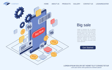Big sale, online shopping modern 3d isometric vector concept illustration. Smartphone cartoon icon