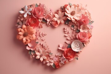 Heart - shaped frame surrounded by flowers on pink surface, handmade papercraft, Generative AI