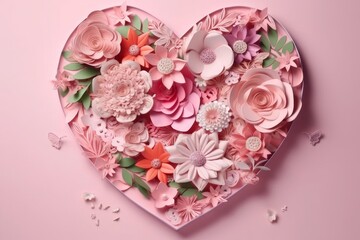 Obraz na płótnie Canvas Heart - shaped frame surrounded by flowers on pink surface, handmade papercraft, Generative AI