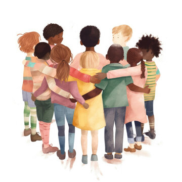 A large oup of children of various ages and races linking their arms to show their solidarity and support for one another.. AI generation.