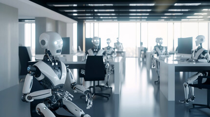 Fototapeta na wymiar Artificial intelligence robots sitting in an office, AI taking over human jobs, generative ai