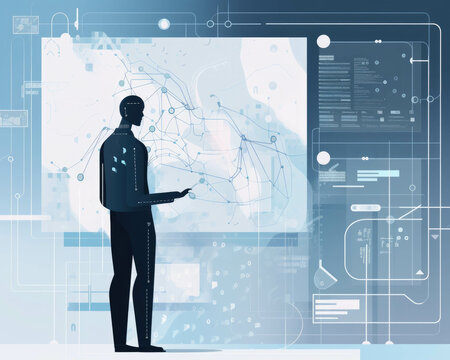 A scientist standing alongside a machine learning algorithm as they study a complex scientific problem. . AI generation.