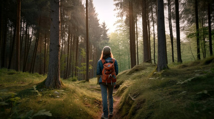 Fototapeta premium A woman hiking on a forest path, viewed from behind, generative ai