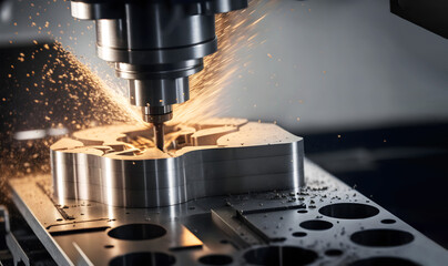The CNC milling machine finishing cutting the injection mold parts with endmill tools. The mold and die manufacturing process Generative AI - obrazy, fototapety, plakaty