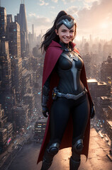 A beautiful woman is a superhero against background of city at sunset. Generative AI.