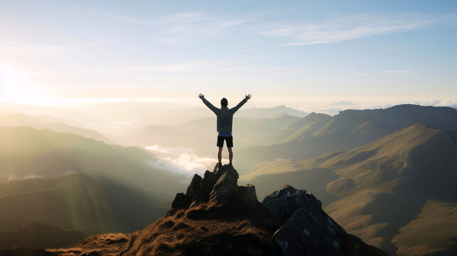A hiker standing on the top of a cliff with a breathtaking view and raised hands, generative ai