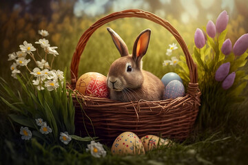 Easter eggs in wicker basket in grass with flowers and cute easter bunny. Colorful decorated easter eggs in wicker basket. Morning magical light