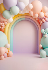 illustrazione di interno con arco di palloncini in colori pastello ideale per sovrapposizione o sfondo digitale per foto di bimbi o compleanni, creato con intelligenza artificiale
 - obrazy, fototapety, plakaty
