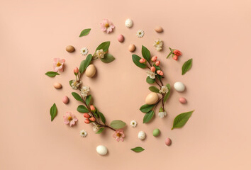 Many different flowers and leaves with Easter eggs. Abstract natural framing composition with space for text. Minimalistic flat lay. Floral spring concept with copy space. 