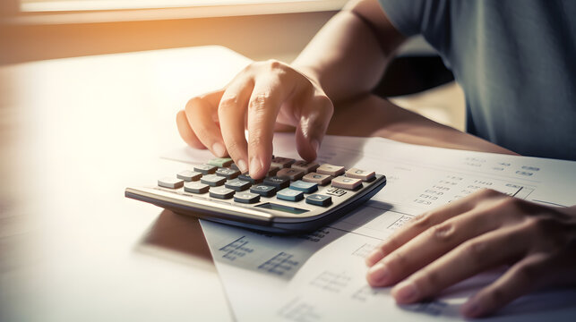 Close up hands of accountant using calculator to calculate tax refund. Business woman working on laptop and accounting financial report at office with copy space