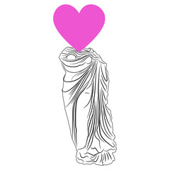 Ancient Greek female sculpture with human heart symbol as her head. Goddess of love. Venus or Aphrodite. Creative romantic design.