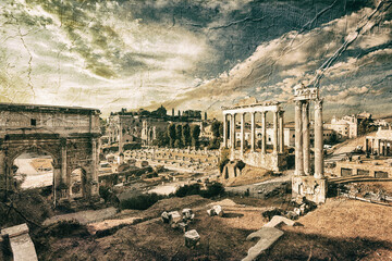 Ancient ruins of a Roman Forum or Foro Romano, Rome, Italy. Artistic retro style. - 584466126