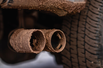 Dirty silver truck exhaust pipes and step bar covered in mud, Off road, Mudding, Bad road conditions, Copy space