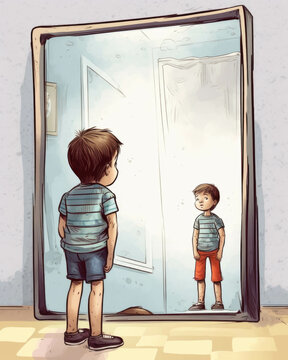 A small child standing in front of a large mirror examining how they look and what they can do as they explore the concept of ideny.. AI generation.