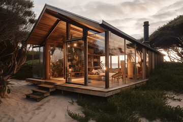 Glass and wood cottage on the beach  Generative AI