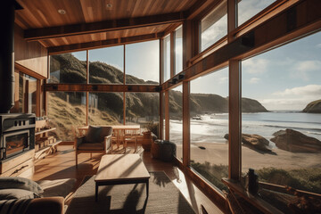Fototapeta na wymiar Glass and wood cottage on the beach Generative AI