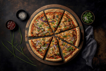 Obraz na płótnie Canvas juicy pizza italian food on a round, wooden tray and on a dark background. ai generative