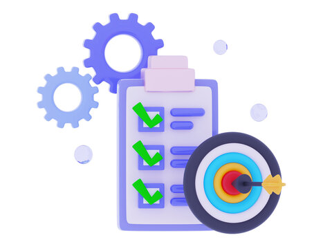 3D Productivity solution Clipboard with checklist Todo check list Arrow hitting target darts Execution of plan Task management Fast summary Assignment and exam 3D rendering illustration minimal style