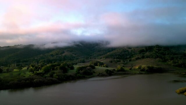 Low pink fog and dawn sun light on green hills of Northern California