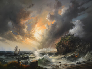 Fototapeta premium Oil painting of a storm in the ocean. Generative AI