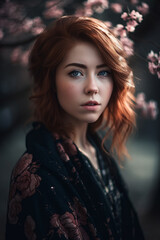 Fototapeta premium Portrait of a woman in sakura. Generative AI