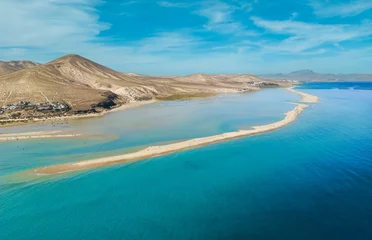 Cercles muraux Plage de Sotavento, Fuerteventura, Îles Canaries Stunning high aspect aerial panoramic view of the beautiful tropical looking beach, lagoon and sand dunes at SotaventoRisco del Paso beach near Costa Calma on Fuerteventura Canary Islands Spain