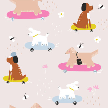 Cute summer seamless pattern with dogs on skateboards. Childish print. Vector hand drawn illustration.