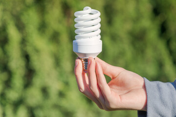 Young boy's hand holding an energy-saving light bulb against an out-of-focus background of trees....