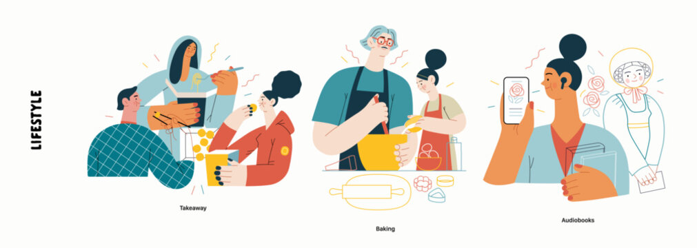 Lifestyle series - modern flat vector illustration of Takeaway and food delivery, Cooking learing, Audiobooks listening. People activities methapors and hobbies concept
