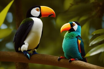 Obraz premium Toucan tropical exotic bird from the rainforest with its iconic yellow orange beak sitting on the branch of a tree surrounded by greenery, generative ai