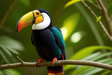Fototapeta premium Toucan tropical exotic bird from the rainforest with its iconic yellow orange beak sitting on the branch of a tree surrounded by greenery, generative ai