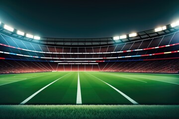 Large football stadium with lots of empty seats and evening lighting, generative ai