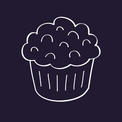 Cupcake muffin cartoon doodle line icon on a black background