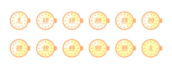 Set d'icônes de minuteurs et chronomètres / Icônes de minuteurs / 5, 10, 15, 20, 25, 30, 40, 50, 55 minutes et 1 heure / Orange pastel