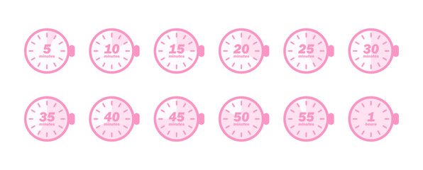 Set d'icônes de minuteurs et chronomètres / Icônes de minuteurs / 5, 10, 15, 20, 25, 30, 40, 50, 55 minutes et 1 heure / Rose pastel