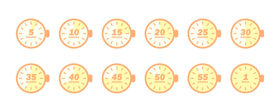 Set d'ic&ocirc;nes de minuteurs et chronom&egrave;tres / Ic&ocirc;nes de minuteurs / 5, 10, 15, 20, 25, 30, 40, 50, 55 minutes et 1 heure / Orange pastel
